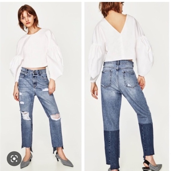 Zara Two Tone Raw Hem Straight Cut Jeans - Picture 1 of 16